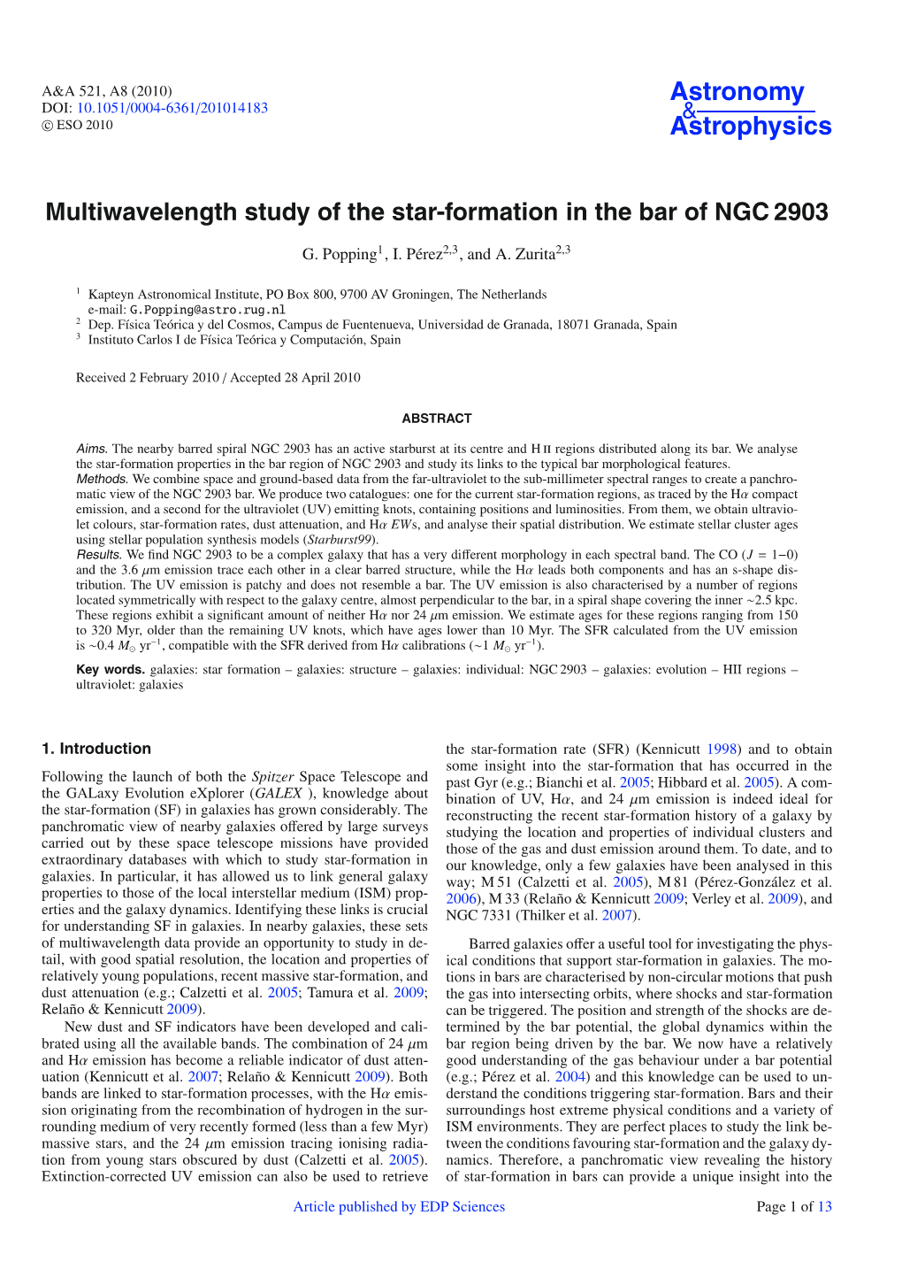 Multiwavelength Study of the Star-Formation in the Bar of NGC 2903