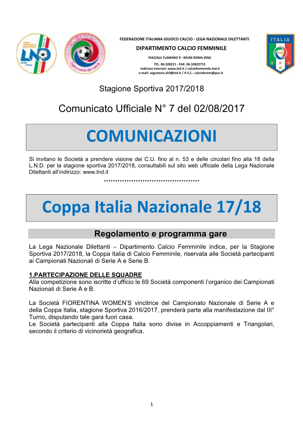 Sorteggio Coppa Italia Femminile 2017-18