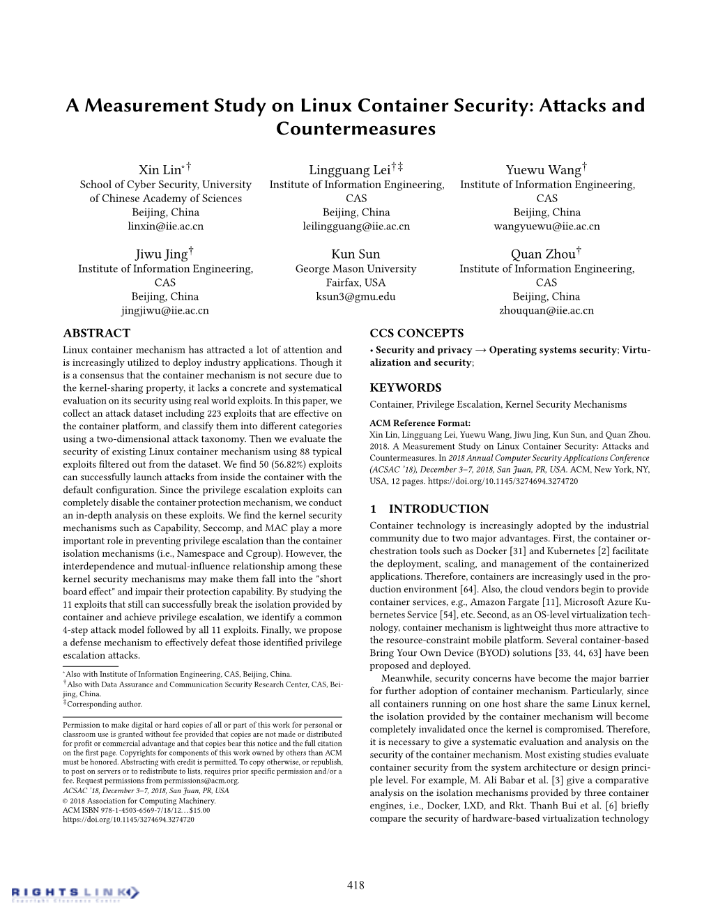 A Measurement Study on Linux Container Security: A￿acks and Countermeasures