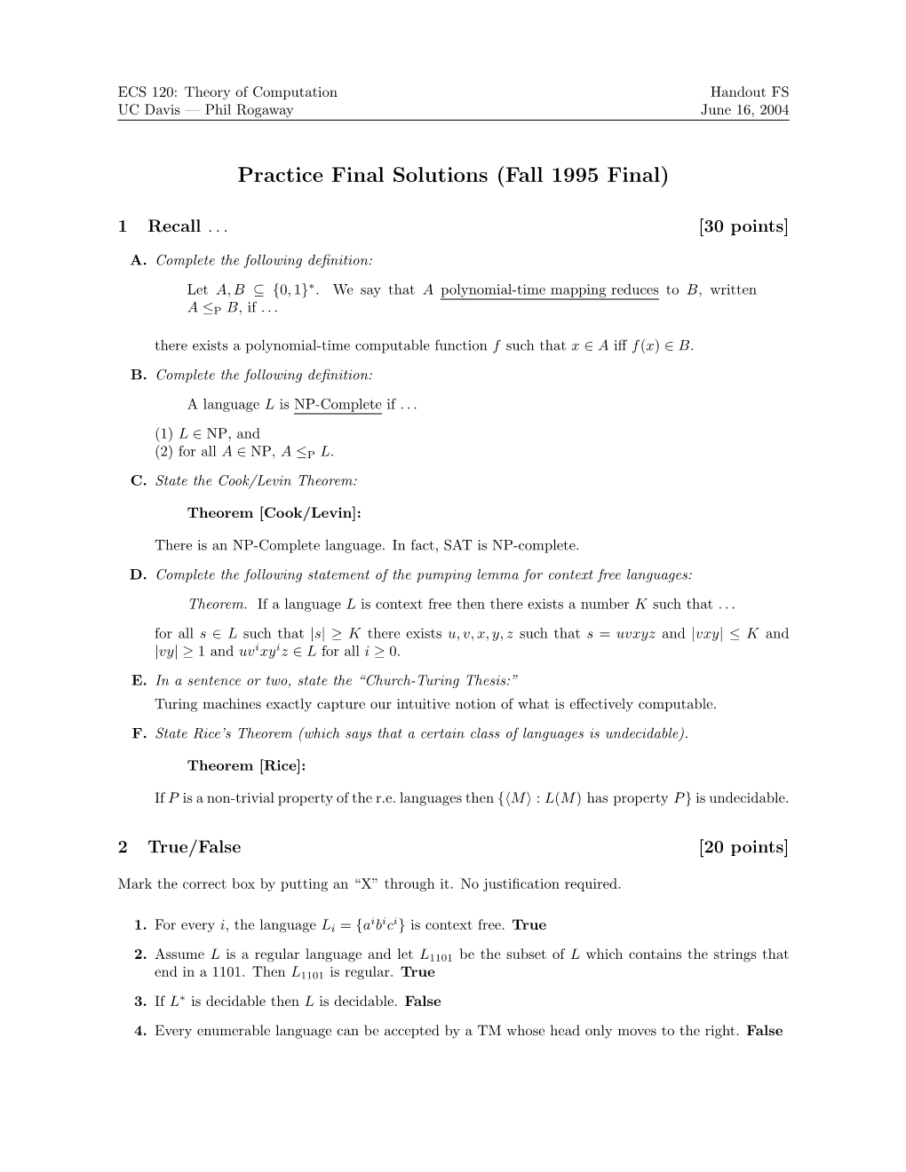 Practice Final Solutions (Fall 1995 Final)