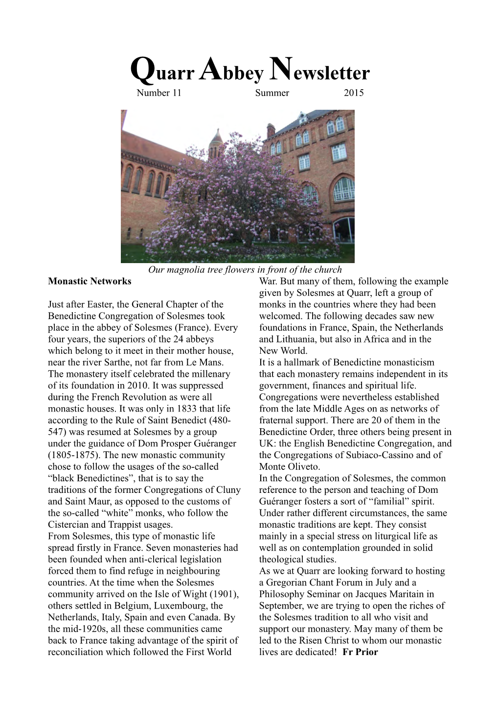 Quarr Abbey Newsletter Number 11 Summer 2015