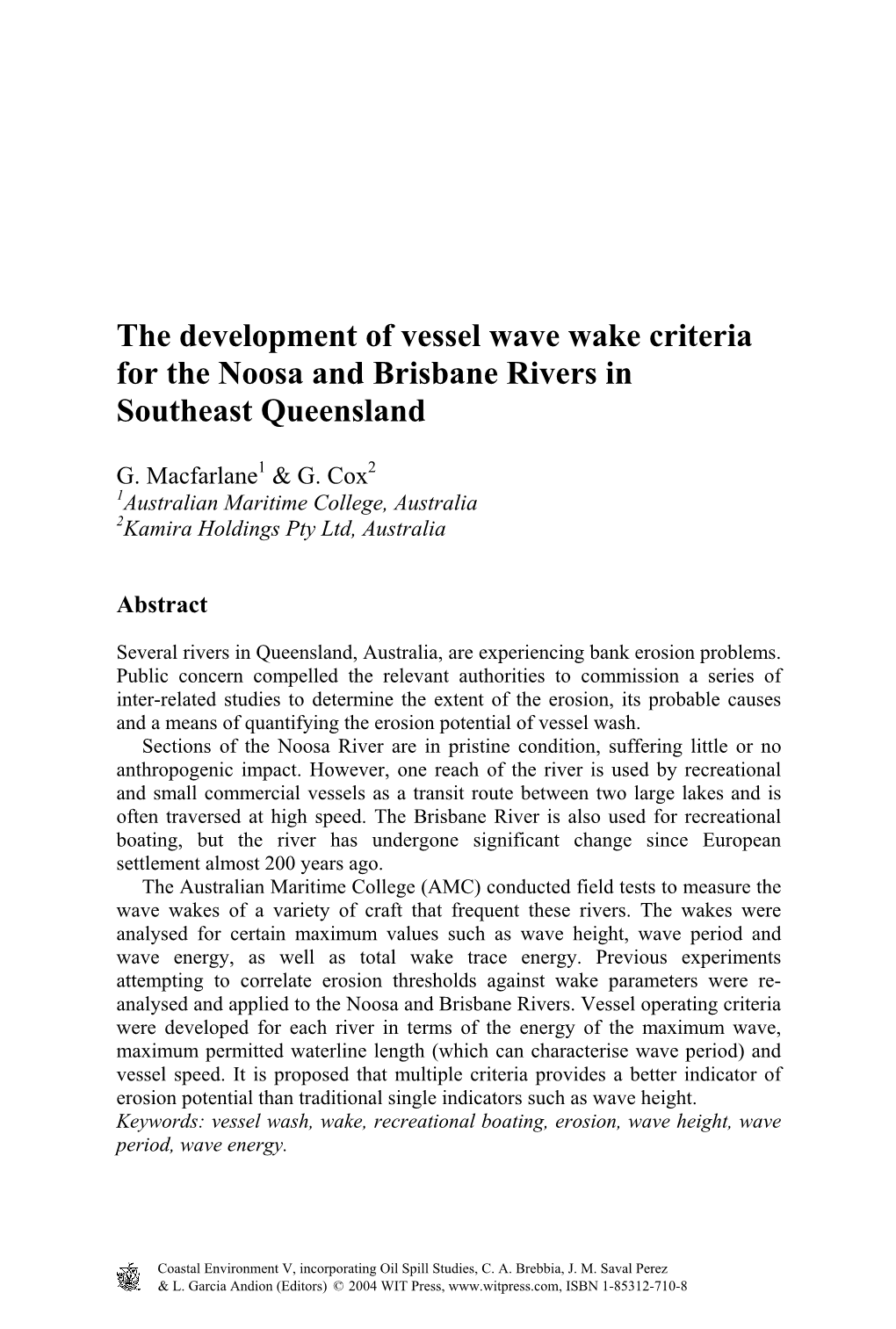 The Development of Vessel Wave Wake Criteria for the Noosa and Brisbane Rivers in Southeast Queensland