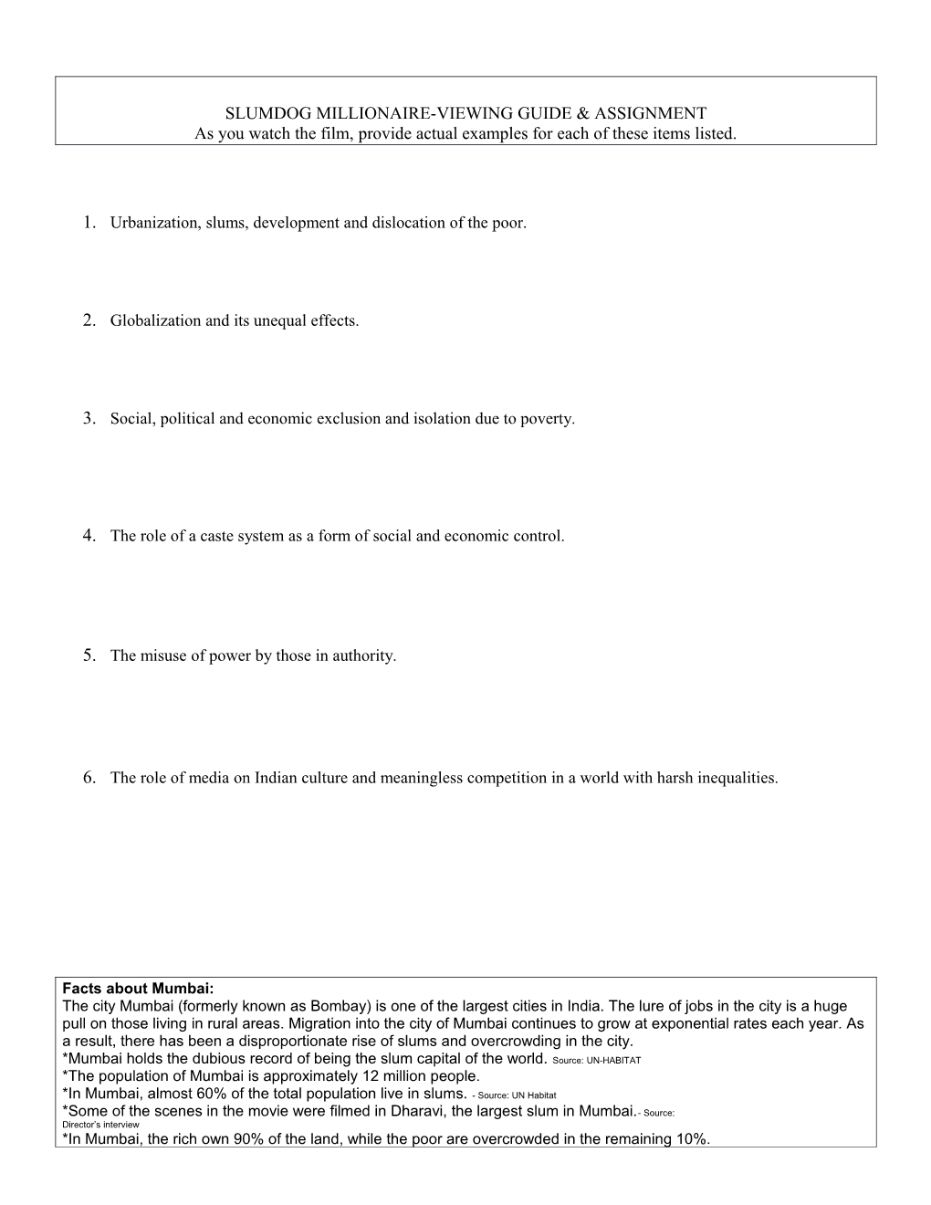 Slumdog Millionaire-Viewing Guide & Assignment