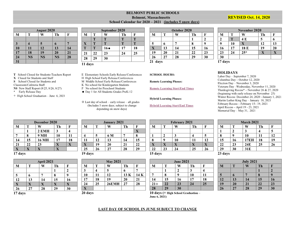 Belmont Public Schools Calendar for 2020 – 2021- REVISED Oct. 14, 2020