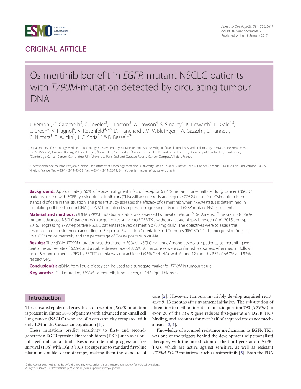 Osimertinib Benefit in EGFR-Mutant NSCLC Patients with T790M-Mutation Detected by Circulating Tumour DNA