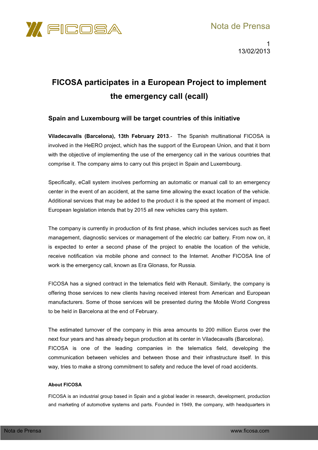 FICOSA Participates in a European Project to Implement the Emergency Call (Ecall)