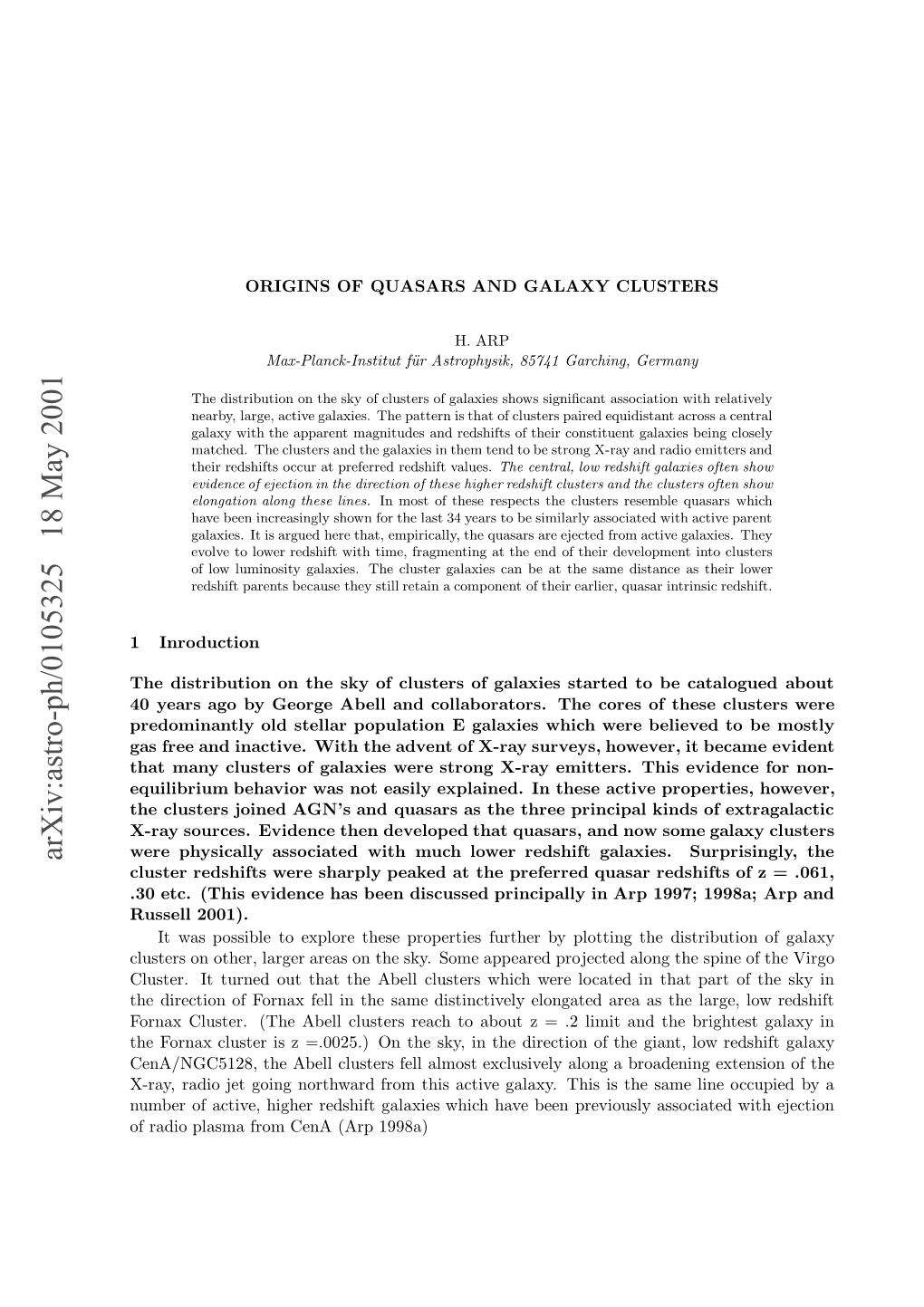 Arxiv:Astro-Ph/0105325 18 May 2001 the 1 40 Predominan Gas That Equilibrium X-Ra the W Cluster .30 Russell Clusters Cluster