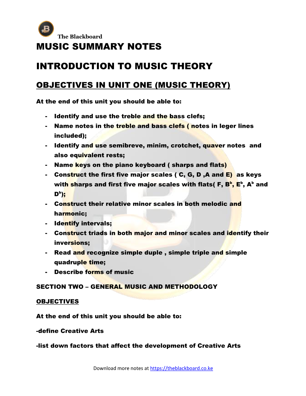 Music Summary Notes Introduction to Music Theory