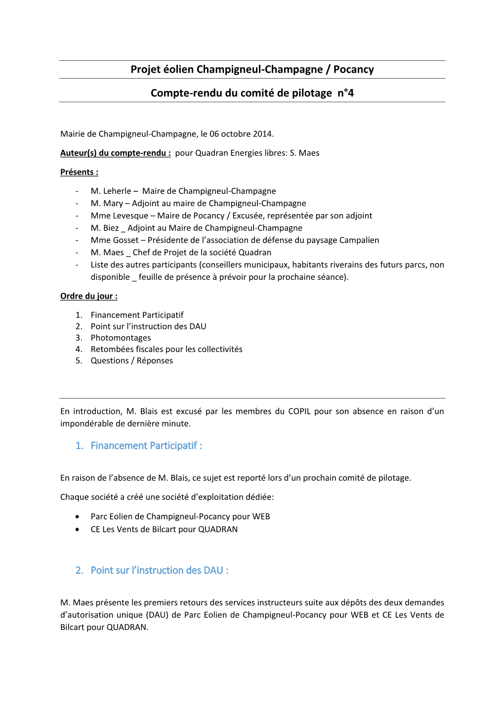 Projet Éolien Champigneul-Champagne / Pocancy Compte-Rendu Du Comité De Pilotage