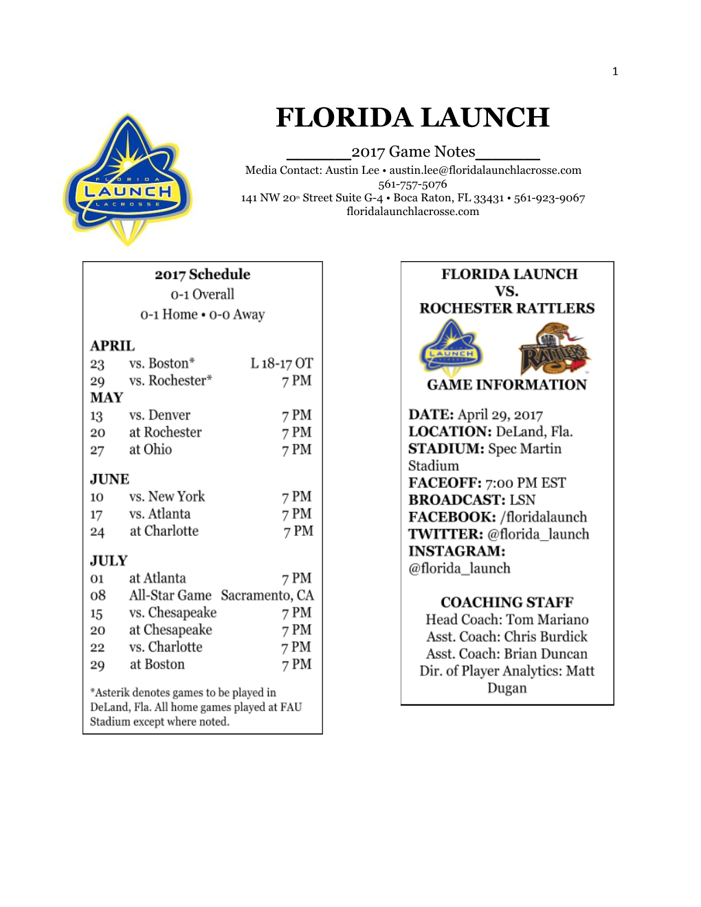 FLORIDA LAUNCH 2017 Game Notes ____ ​____ Media Contact: Austi​N Lee • Austin.Lee@Floridalaunchlacrosse.Com 561-757-5076