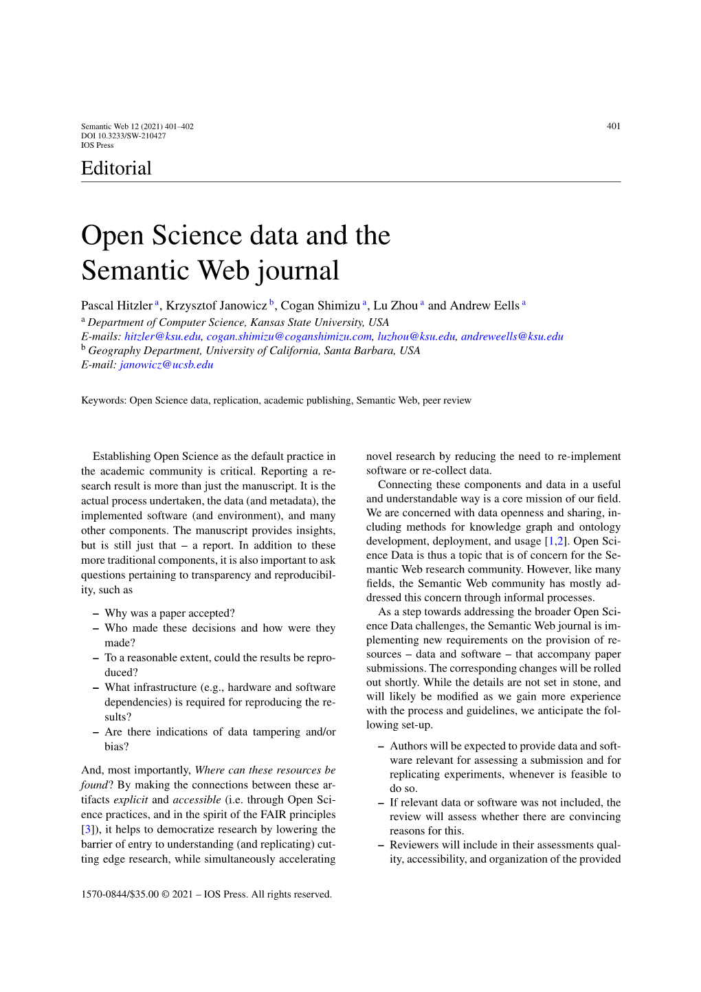 Open Science Data and the Semantic Web Journal