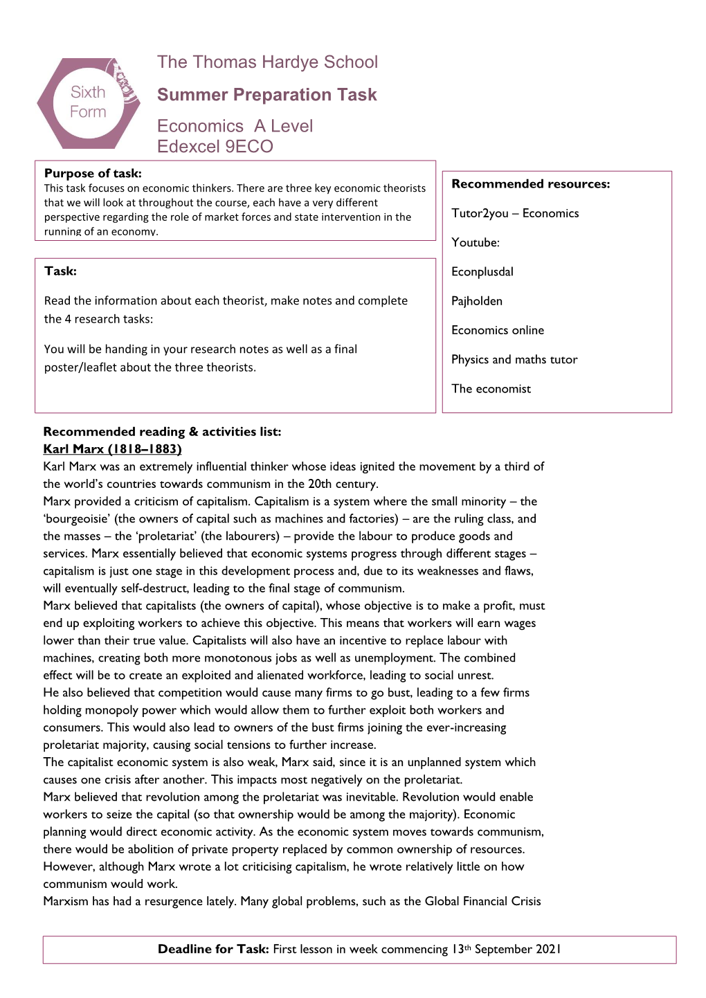 The Thomas Hardye School Summer Preparation Task Economics a Level Edexcel 9ECO