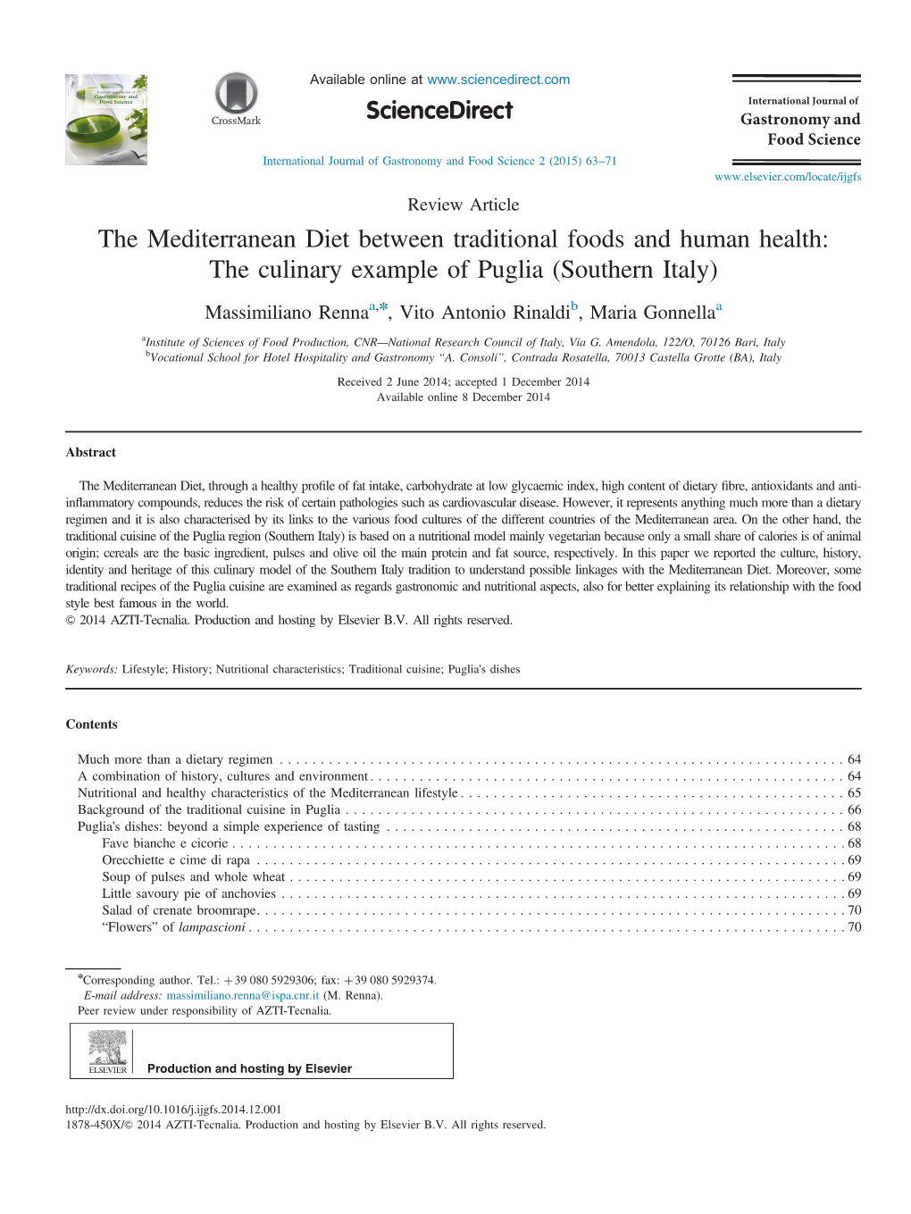 The Mediterranean Diet Between Traditional Foods and Human Health the Culinary Example of Puglia