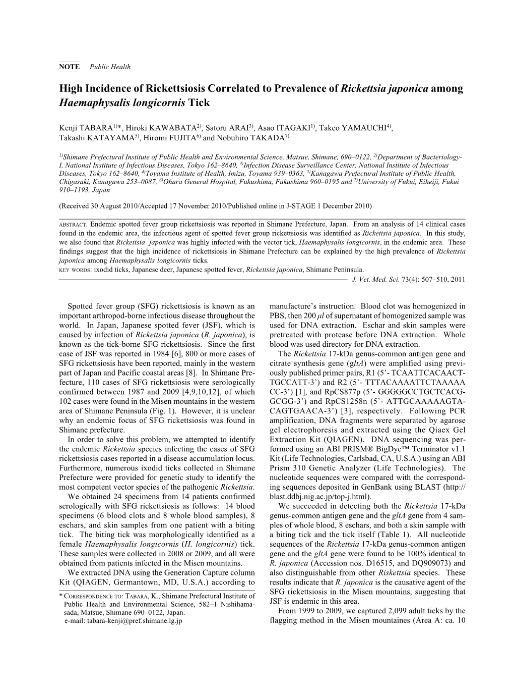 High Incidence of Rickettsiosis Correlated to Prevalence of Rickettsia Japonica Among Haemaphysalis Longicornis Tick