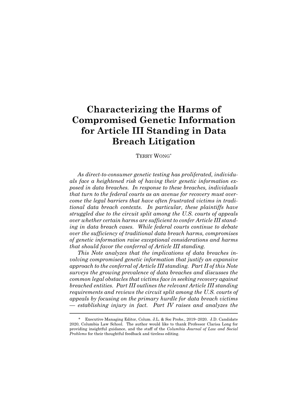 Characterizing the Harms of Compromised Genetic Information for Article III Standing in Data Breach Litigation
