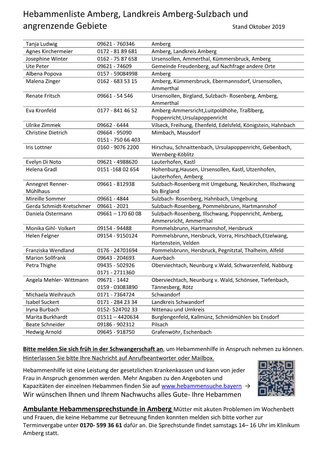 Hebammenliste Amberg, Landkreis Amberg-Sulzbach Und Angrenzende Gebiete Stand Oktober 2019