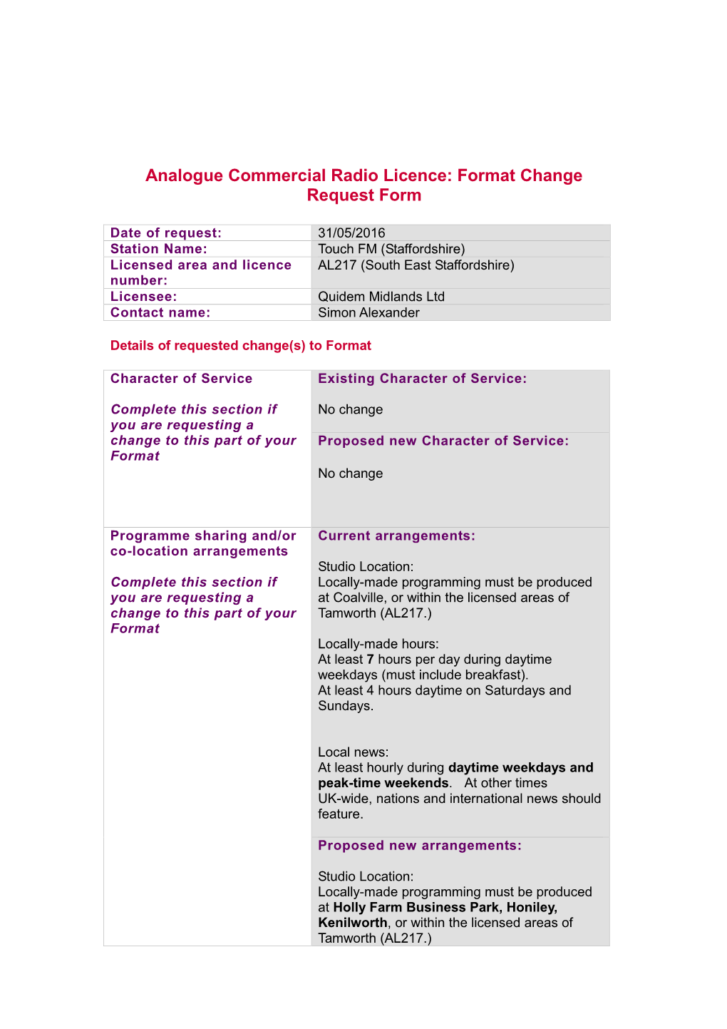 Analogue Commercial Radio Licence: Format Change Request Form