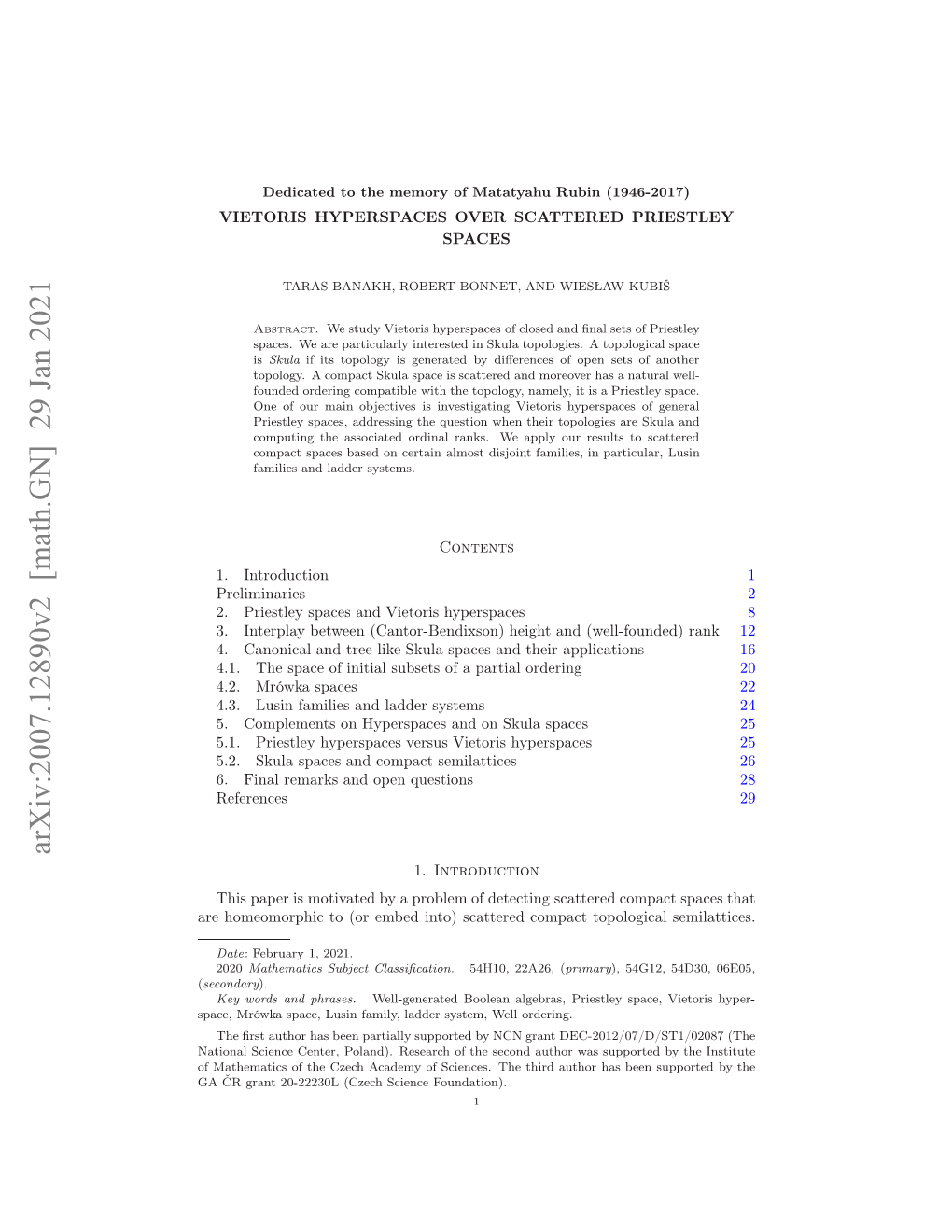 Arxiv:2007.12890V2 [Math.GN] 29 Jan 2021 Fmteaiso H Zc Cdm Fsine.Tetidau Third Foundation)