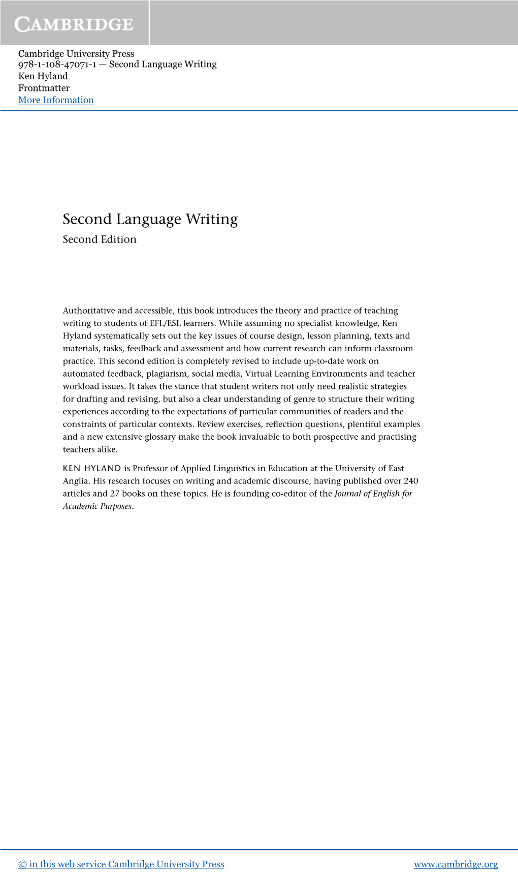 Second Language Writing Ken Hyland Frontmatter More Information