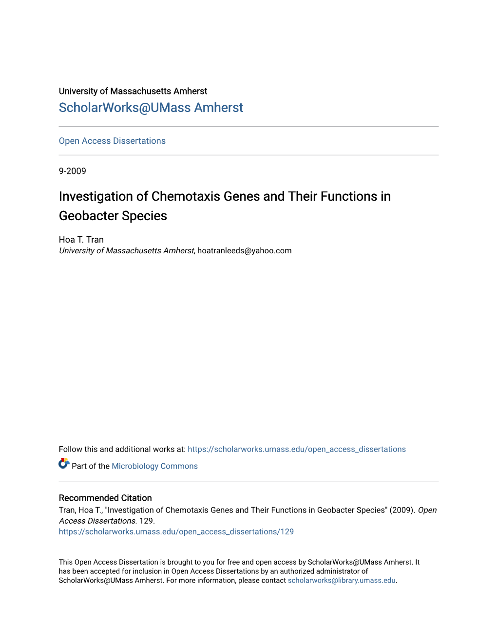 Investigation of Chemotaxis Genes and Their Functions in Geobacter Species