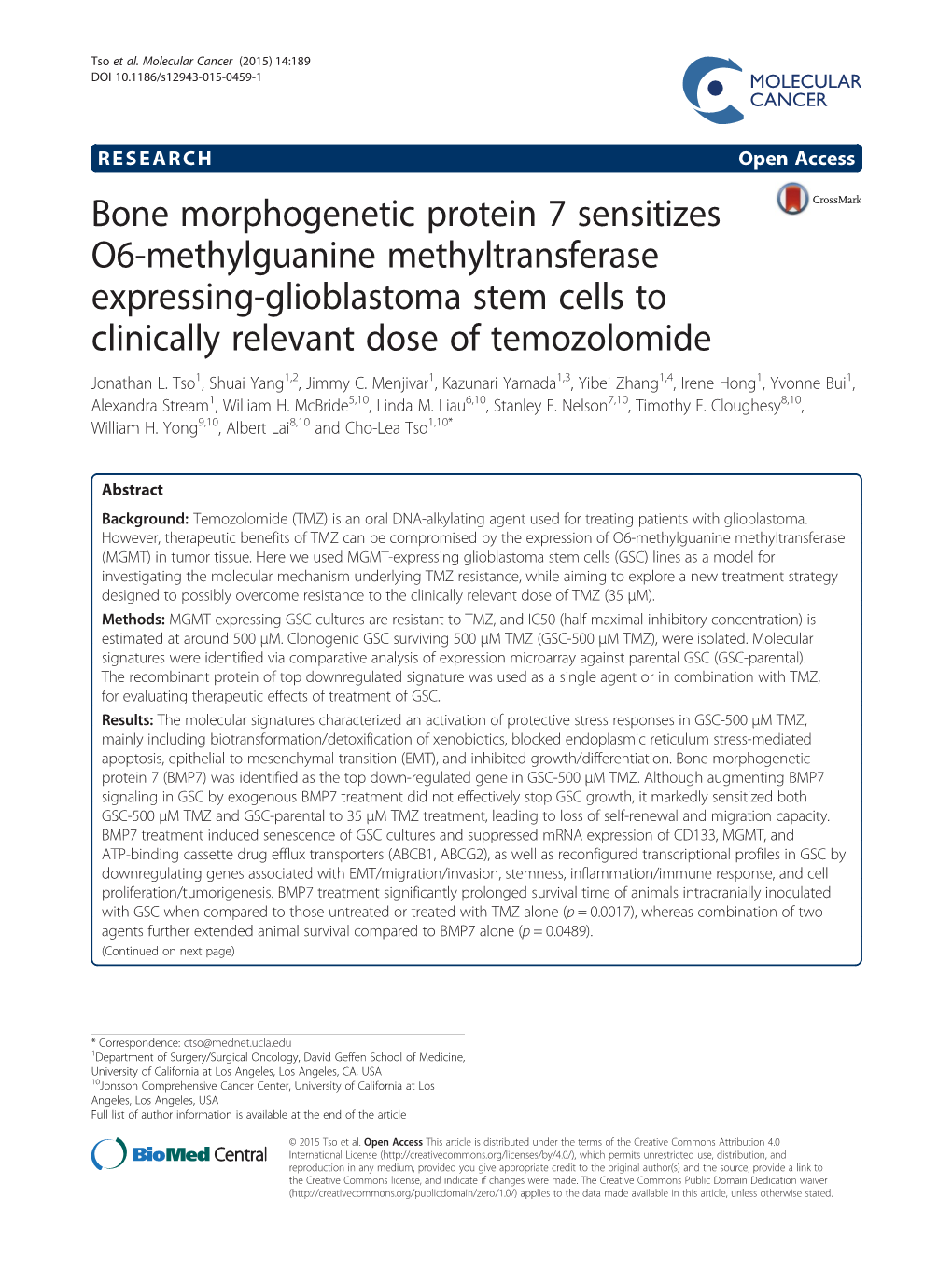 Bone Morphogenetic Protein 7 Sensitizes O6-Methylguanine Methyltransferase Expressing-Glioblastoma Stem Cells to Clinically Relevant Dose of Temozolomide Jonathan L