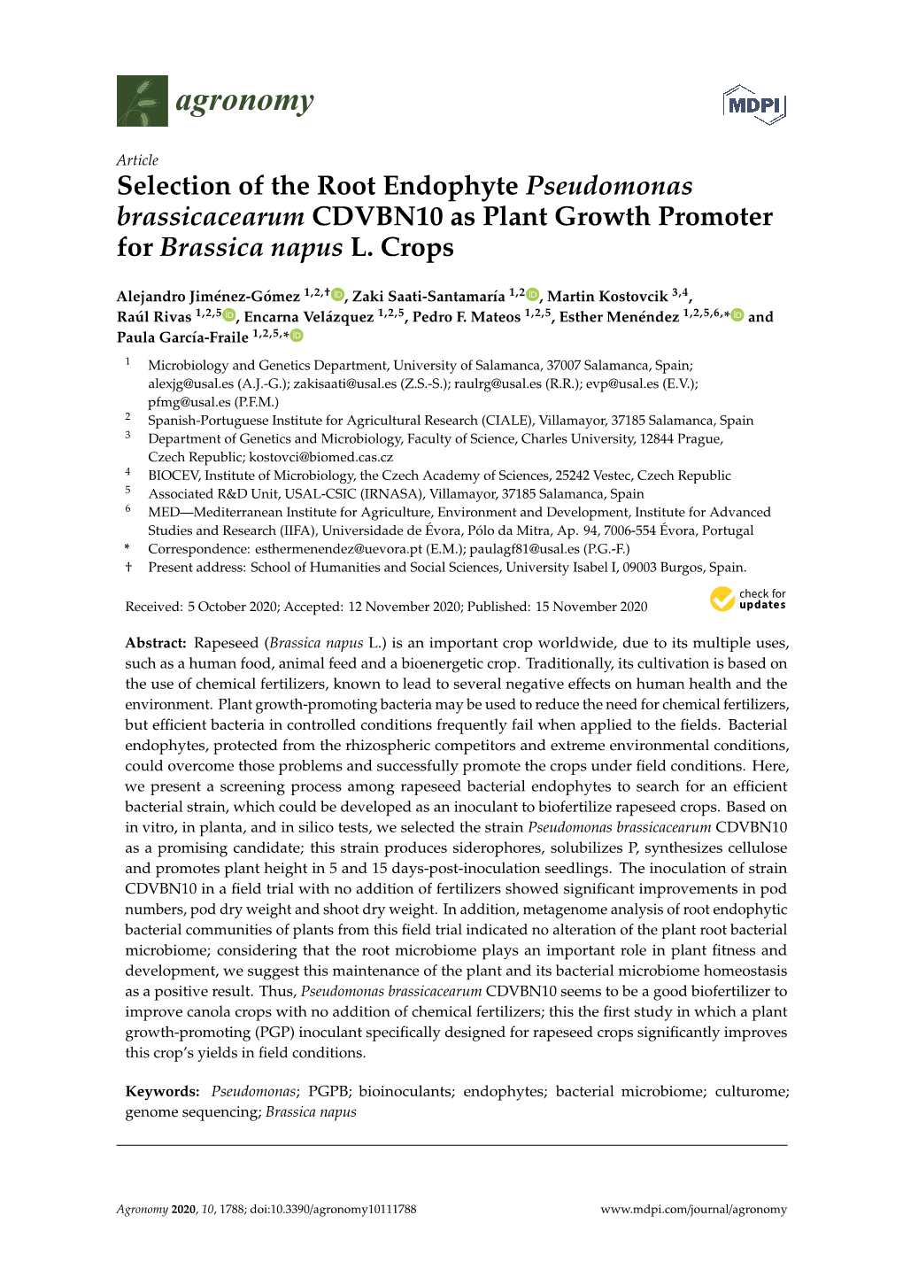 Selection of the Root Endophyte Pseudomonas Brassicacearum CDVBN10 As Plant Growth Promoter for Brassica Napus L