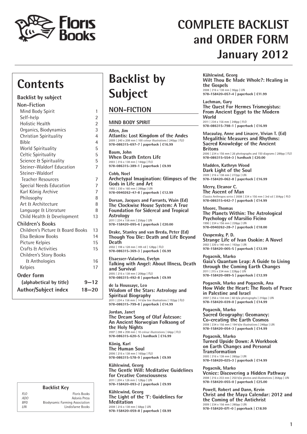 COMPLETE BACKLIST and ORDER FORM January 2012