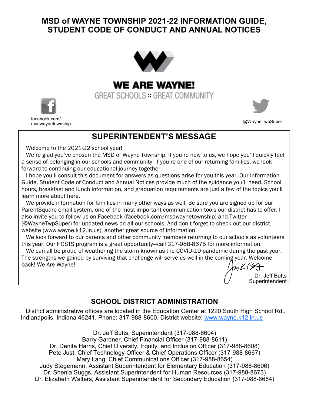 MSD of WAYNE TOWNSHIP 2021-22 INFORMATION GUIDE, STUDENT CODE of CONDUCT and ANNUAL NOTICES