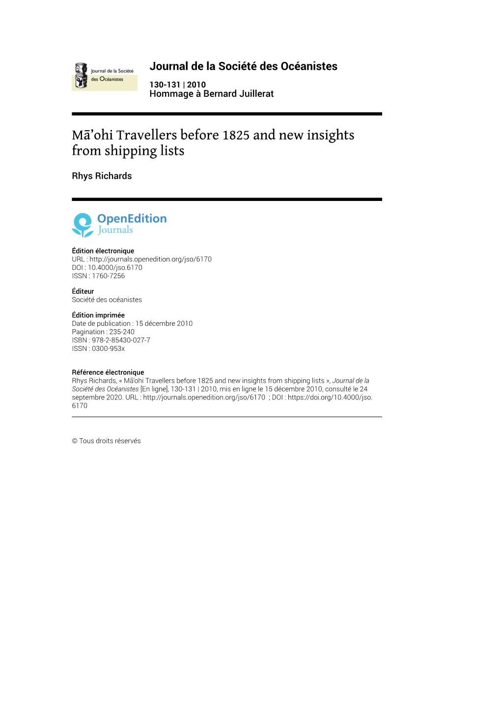 Mā'ohi Travellers Before 1825 and New Insights from Shipping Lists