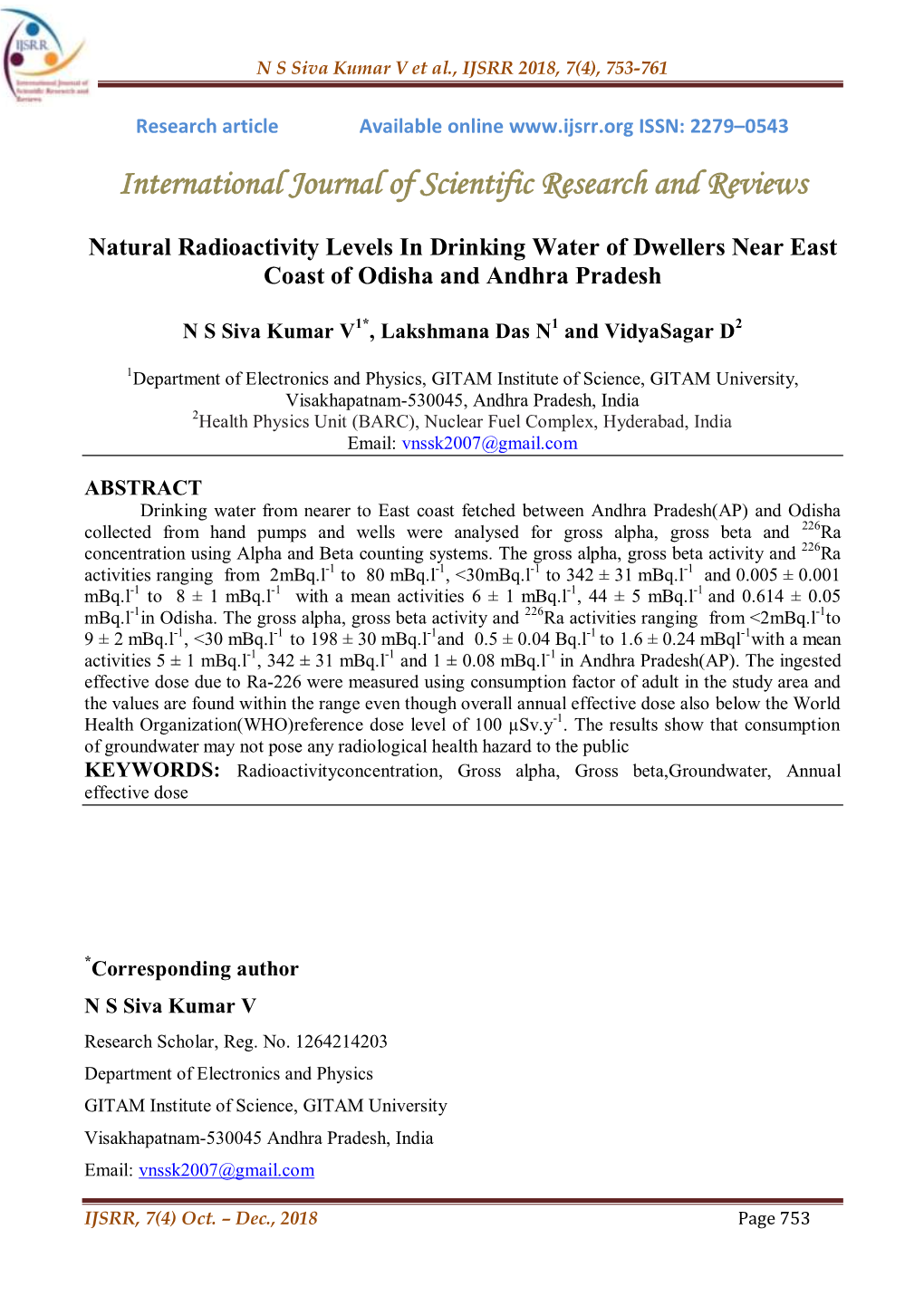 Natural Radioactivity Levels in Drinking Water of Dwellers Near East Coast of Odisha and Andhra Pradesh