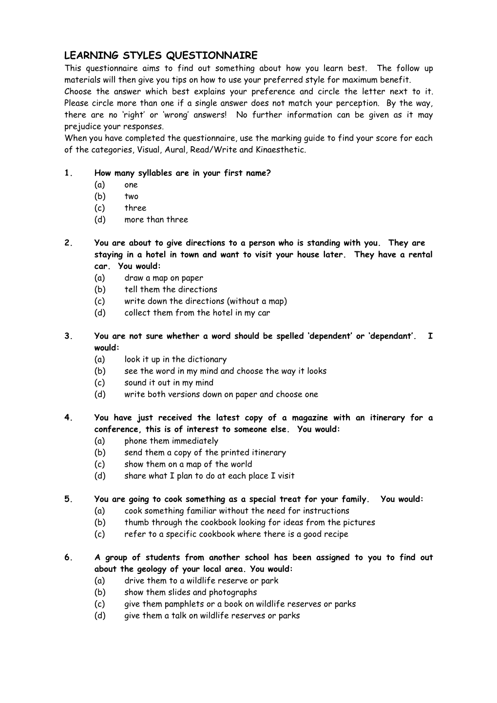 Learning Styles Questionnaire