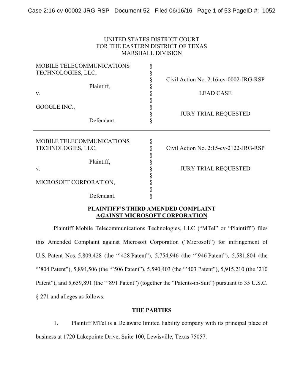 United States District Court for the Eastern District of Texas Marshall Division