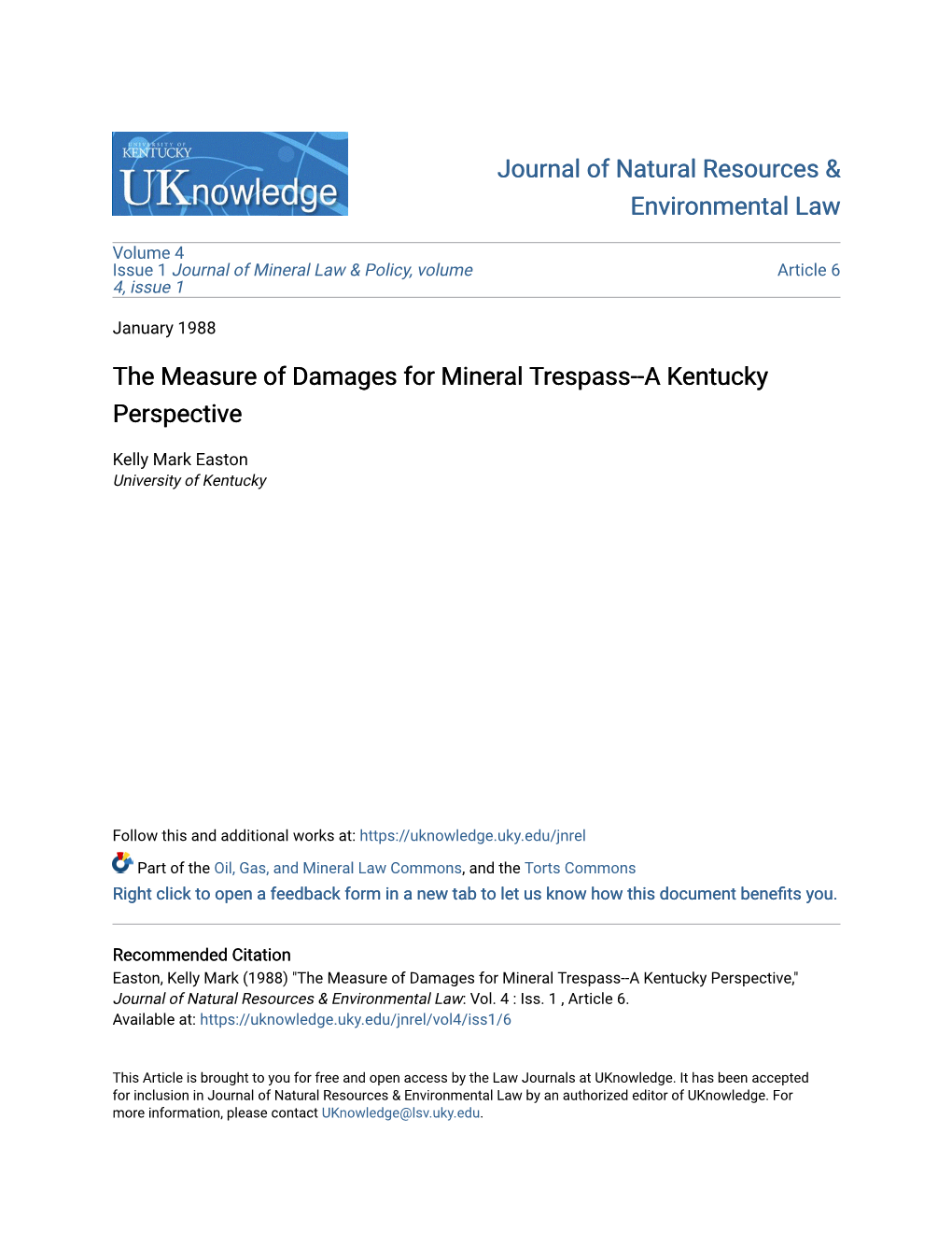 The Measure of Damages for Mineral Trespass--A Kentucky Perspective