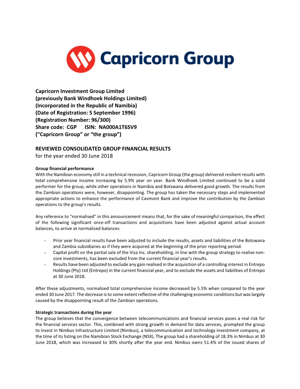 Capricorn Investment Group Limited (Previously Bank Windhoek