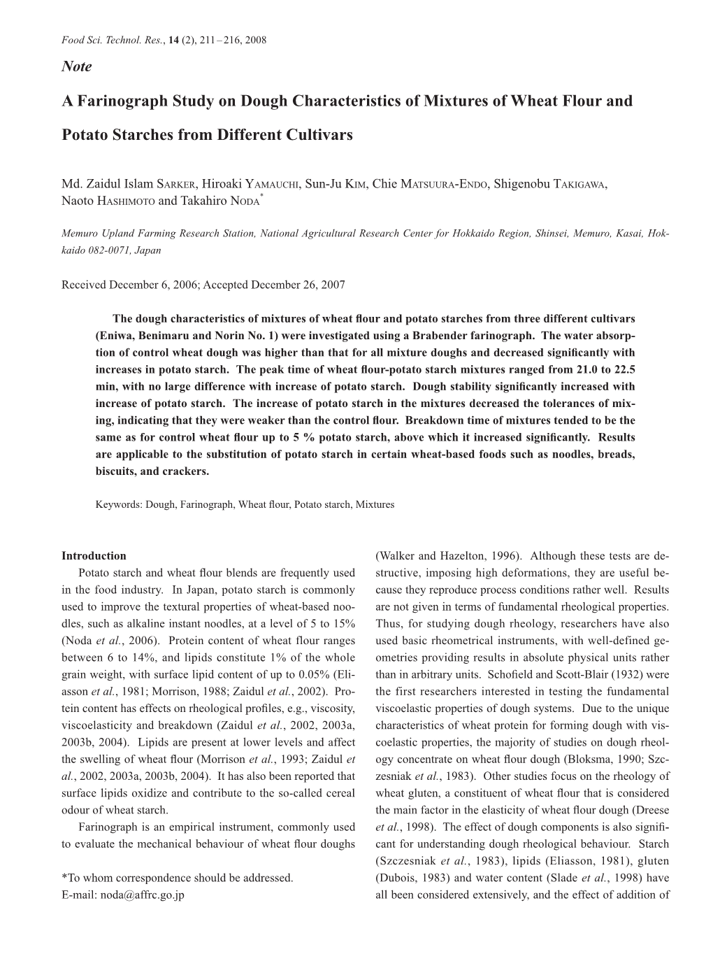 A Farinograph Study on Dough Characteristics of Mixtures of Wheat Flour and Potato Starches from Different Cultivars