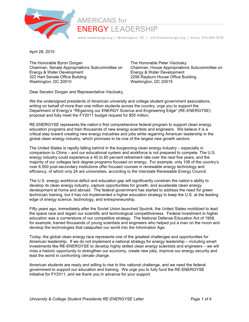 University & College Student Presidents RE-ENERGYSE Letter