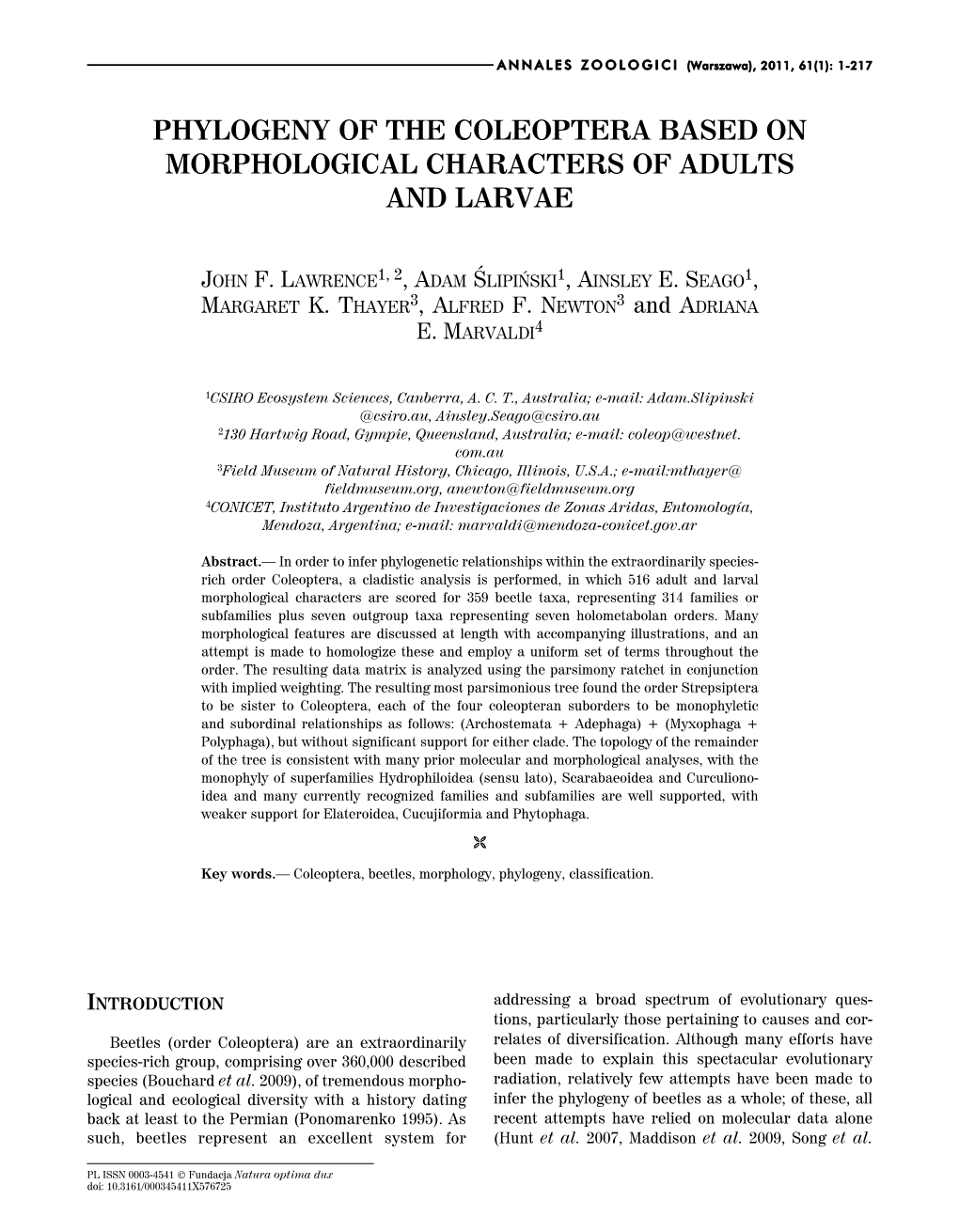Phylogeny of the Coleoptera Based on Morphological Characters of Adults and Larvae