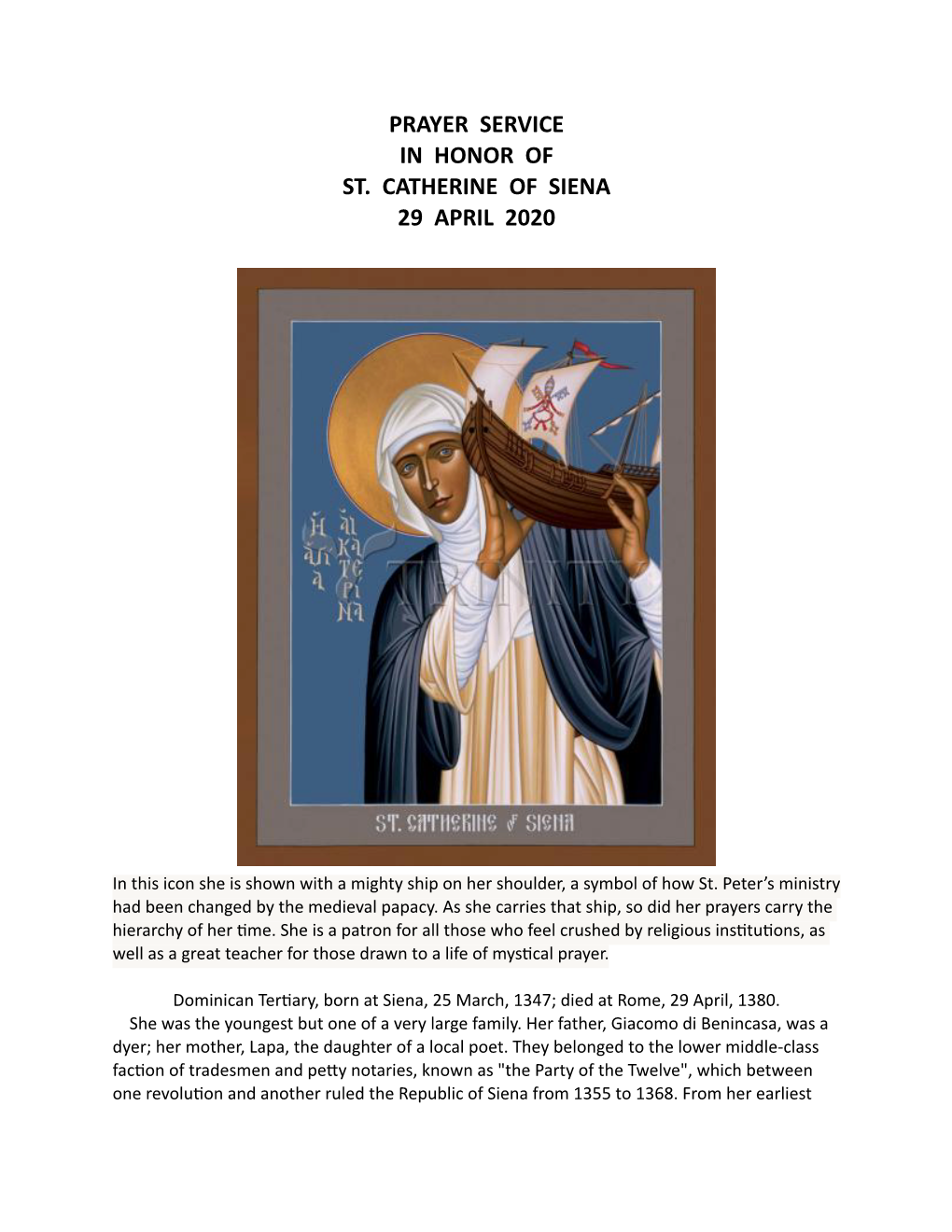 Prayer Service in Honor of St. Catherine of Siena 29 April 2020
