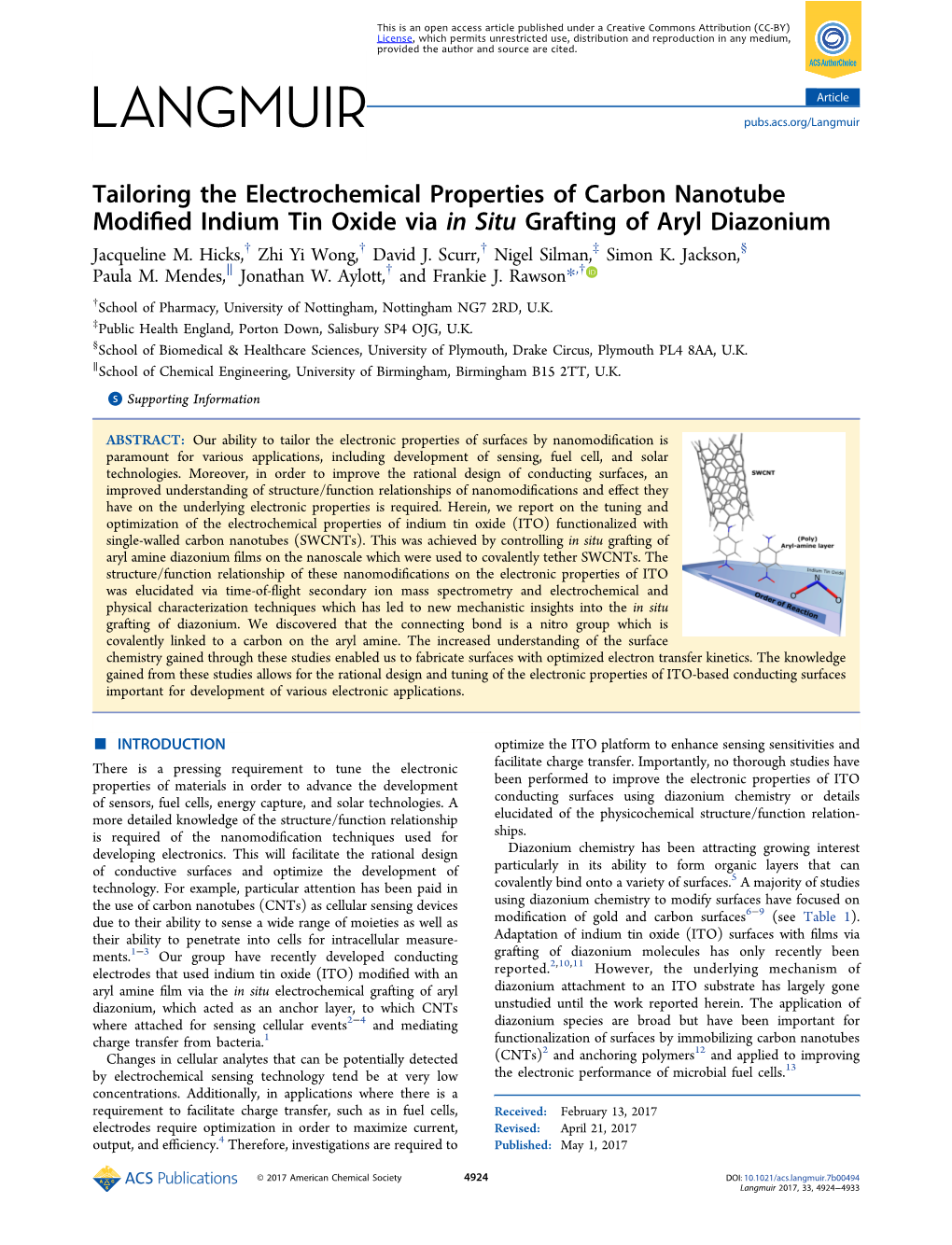 Tailoring the Electrochemical Properties of Carbon Nanotube Modiﬁed Indium Tin Oxide Via in Situ Grafting of Aryl Diazonium † † † ‡ § Jacqueline M