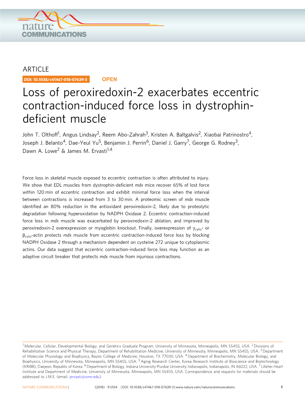 Loss of Peroxiredoxin-2 Exacerbates Eccentric Contraction-Induced Force Loss in Dystrophin- Deﬁcient Muscle