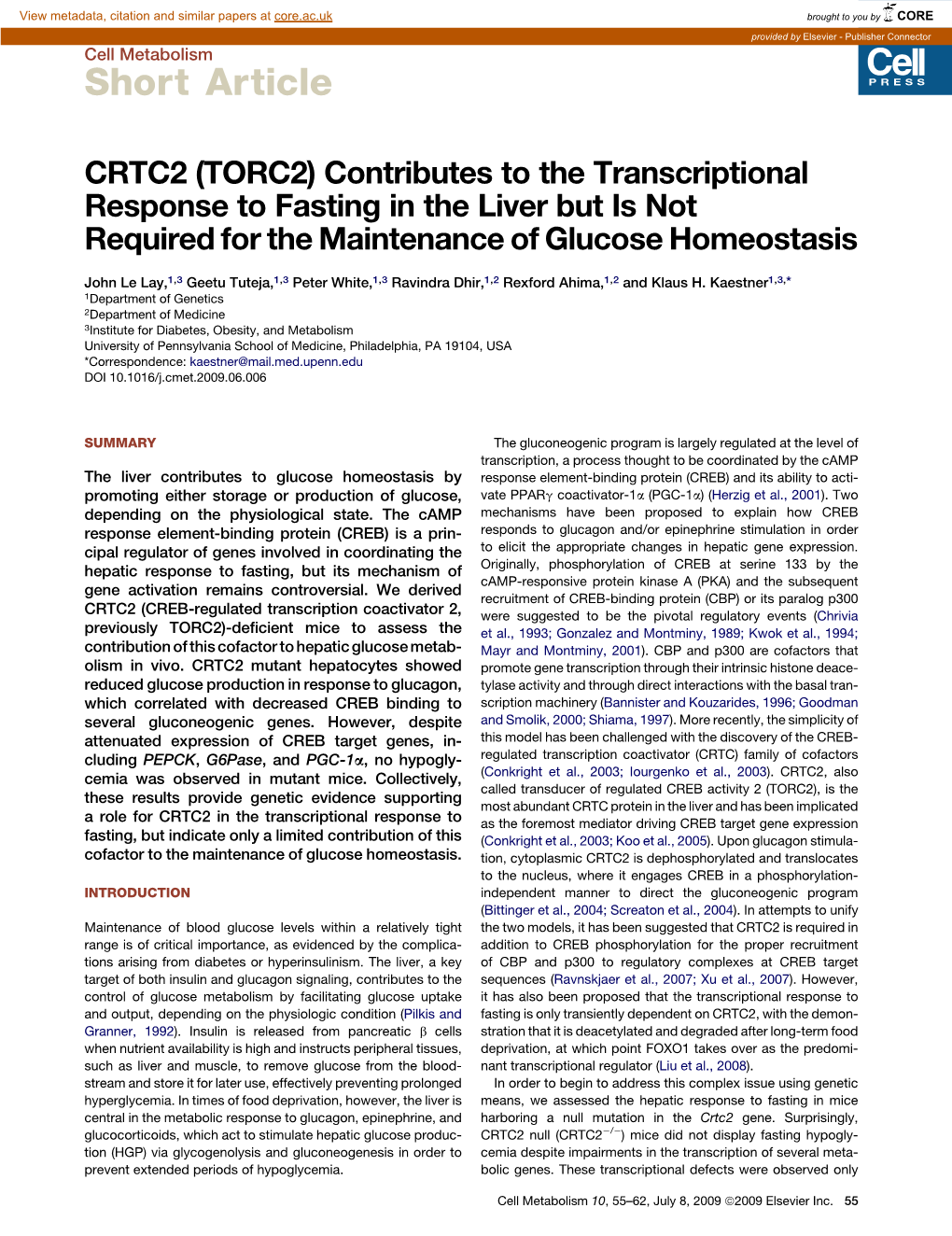 CRTC2 (TORC2) Contributes to the Transcriptional Response to Fasting in the Liver but Is Not Required for the Maintenance of Glucose Homeostasis