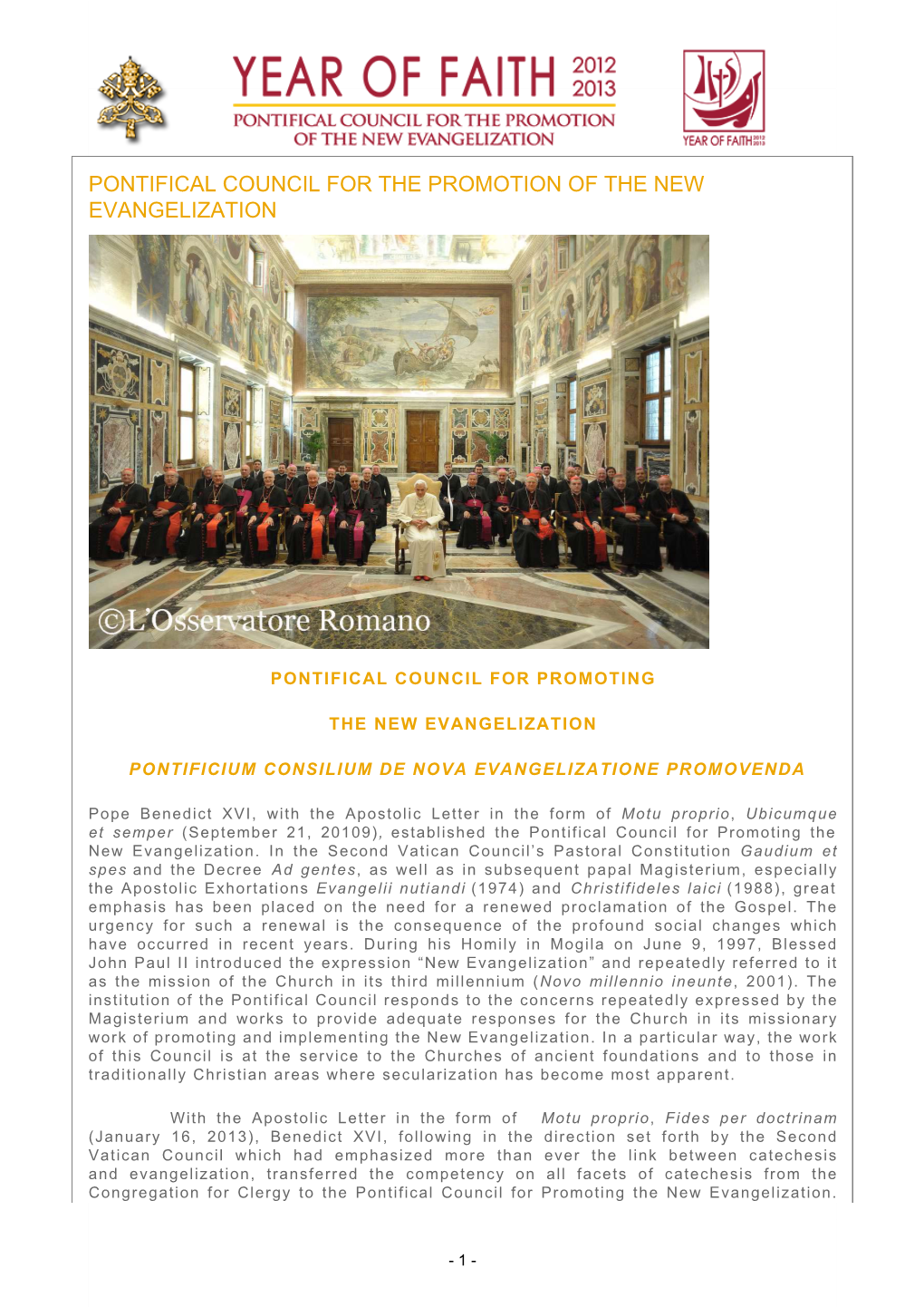 Pontifical Council for the Promotion of the New Evangelization