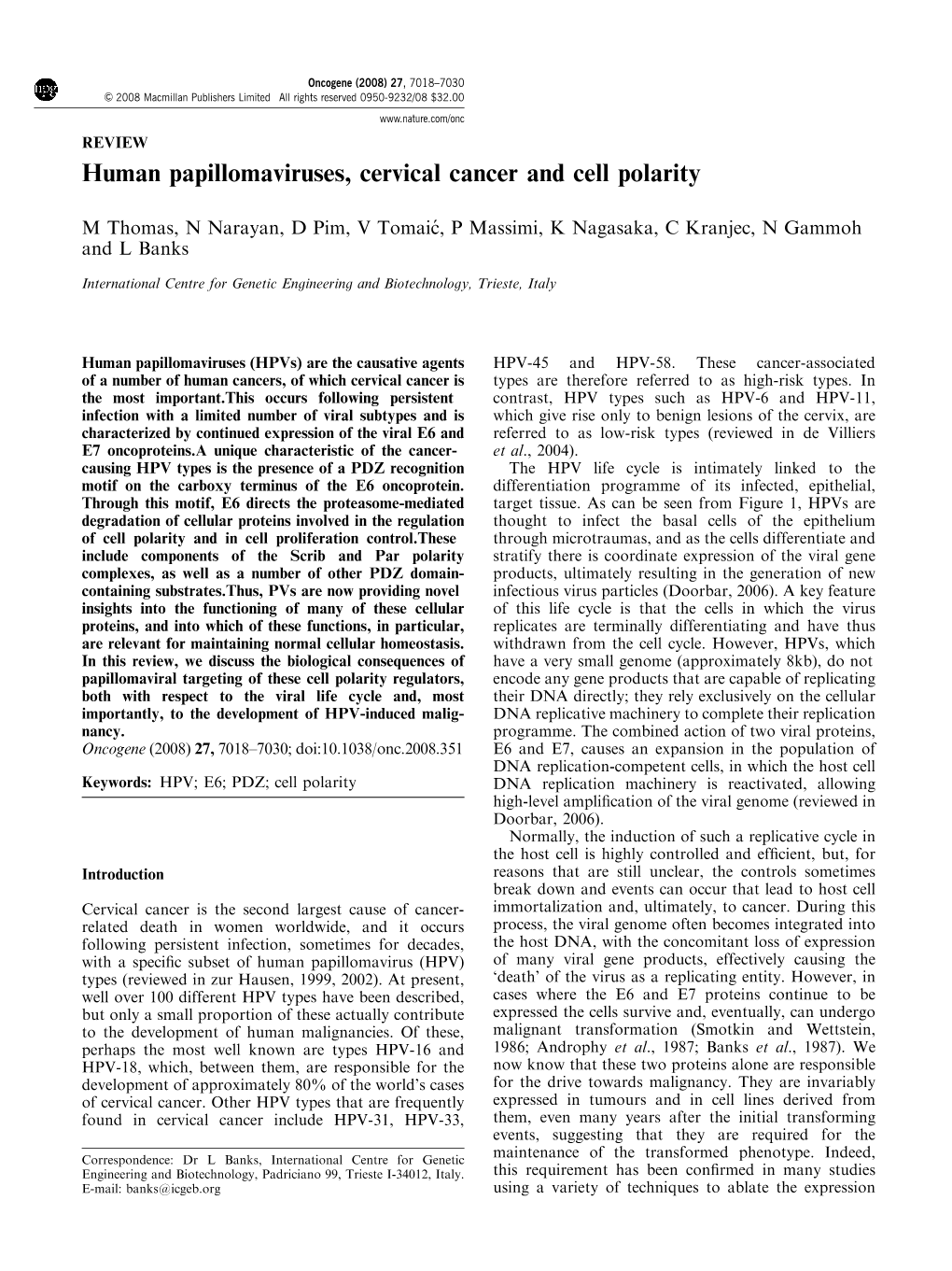 Human Papillomaviruses, Cervical Cancer and Cell Polarity