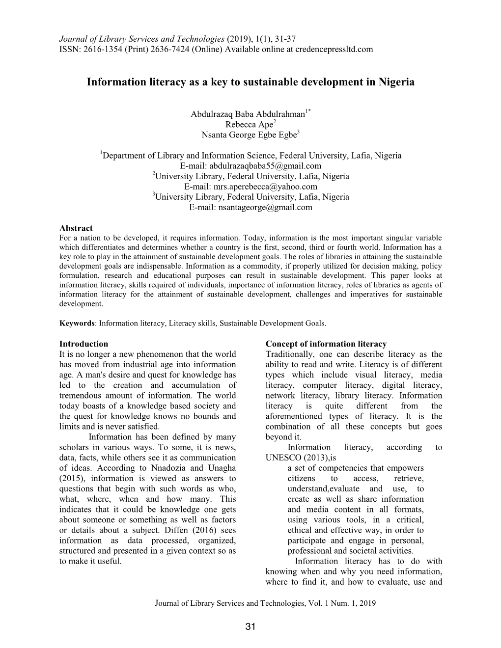 Information Literacy As a Key to Sustainable Development in Nigeria