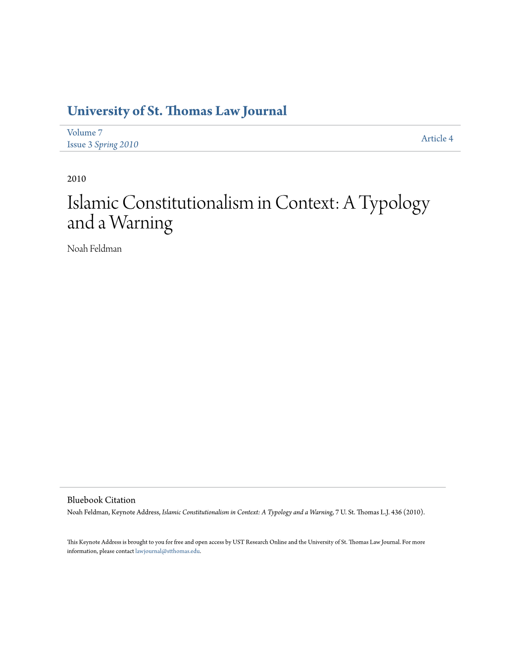 Islamic Constitutionalism in Context: a Typology and a Warning Noah Feldman