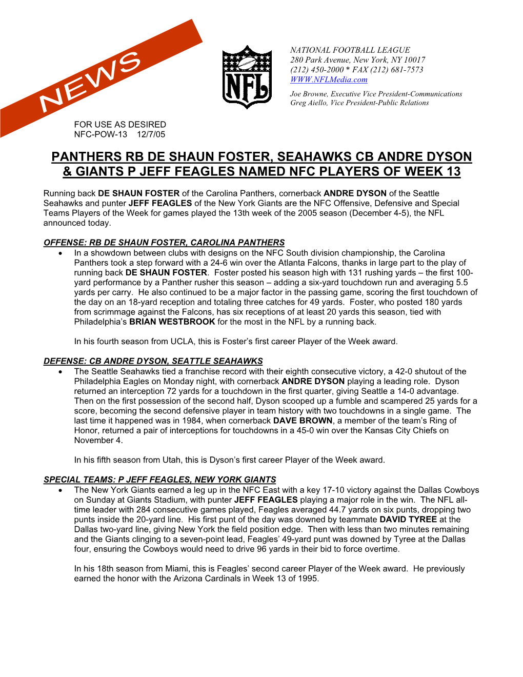 Panthers Rb De Shaun Foster, Seahawks Cb Andre Dyson & Giants P Jeff Feagles Named Nfc Players of Week 13