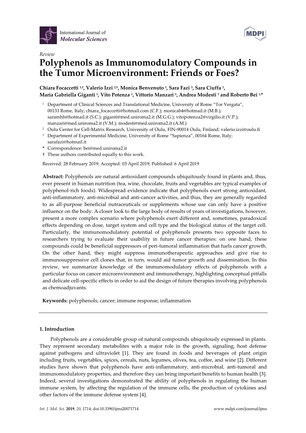 Polyphenols As Immunomodulatory Compounds in the Tumor Microenvironment: Friends Or Foes?