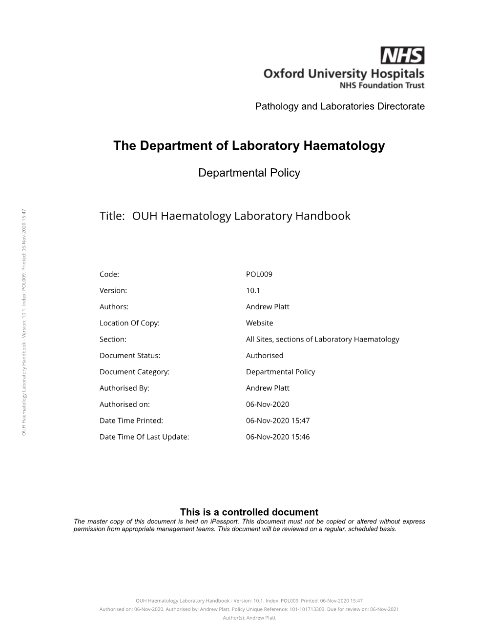 OUH Haematology Laboratory Handbook