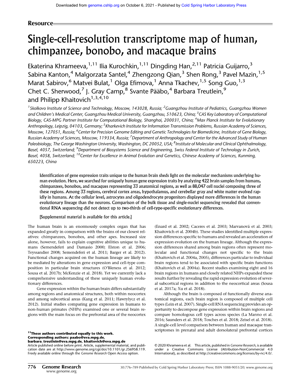 Single-Cell-Resolution Transcriptome Map of Human, Chimpanzee, Bonobo, and Macaque Brains