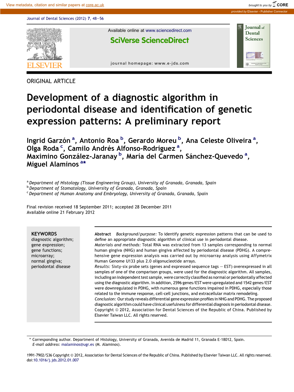 Development of a Diagnostic Algorithm in Periodontal Disease and Identiﬁcation of Genetic Expression Patterns: a Preliminary Report